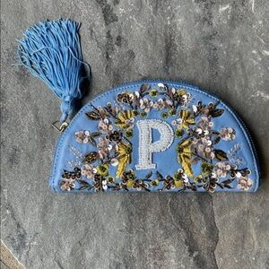 Anthropologie Beaded Monogram Leather Pouch-P
